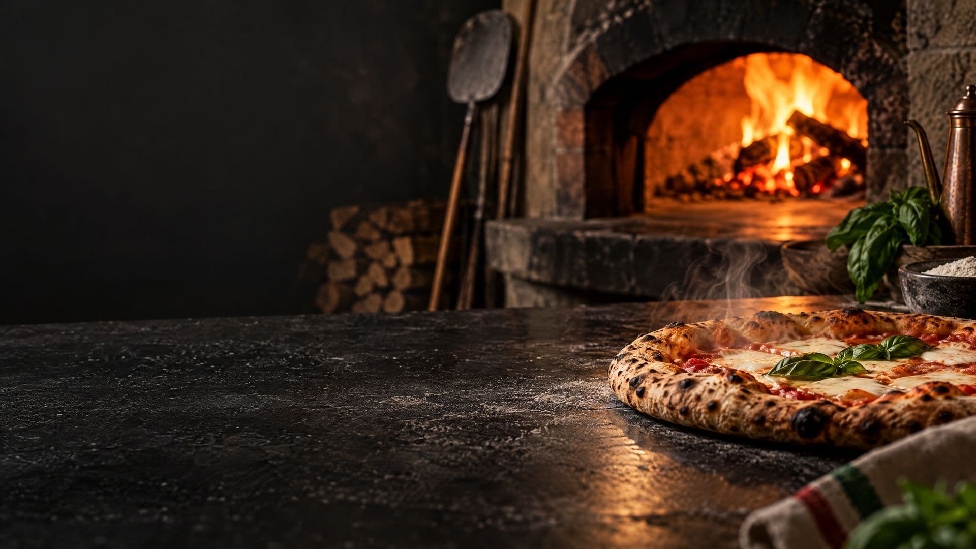 Forno artesanal com chama acesa e pizza assando, em evento