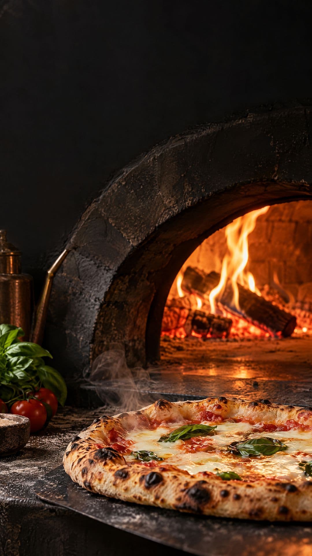 Forno artesanal com chama acesa, vista aproximada