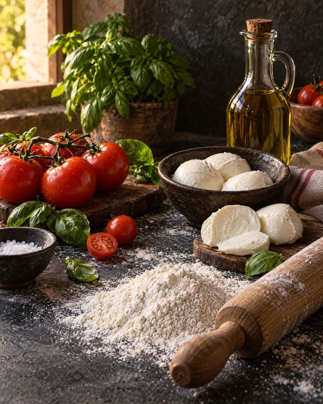 Ingredientes selecionados para pizza: tomates, folhas e azeite