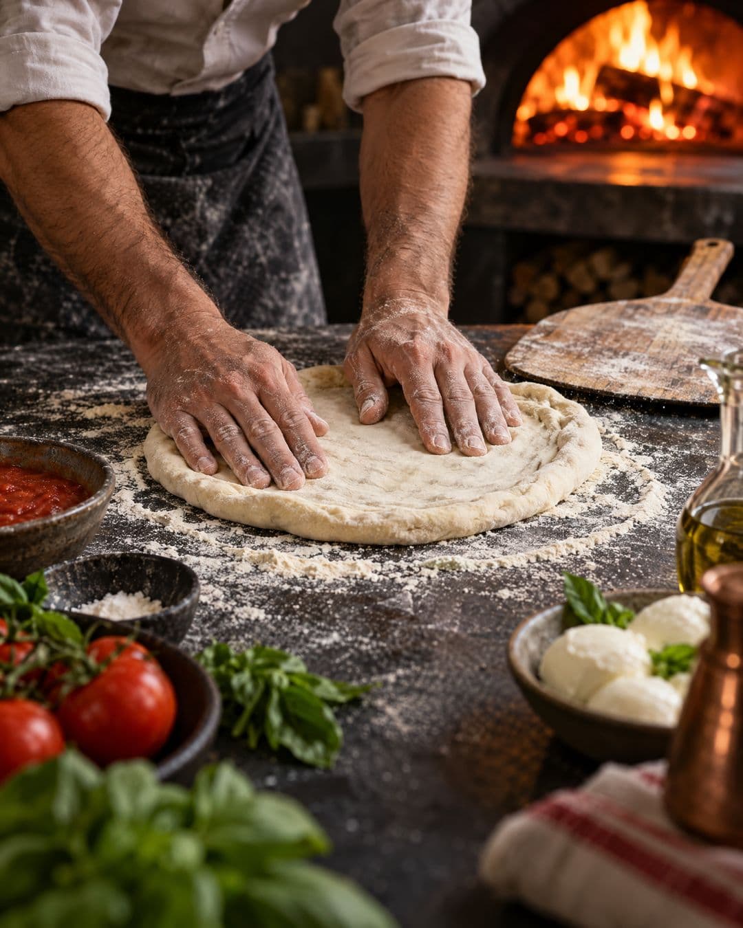 Mãos abrindo massa artesanal de pizza sobre bancada enfarinhada